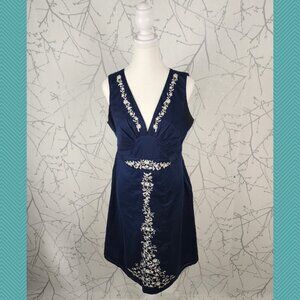 Eddie Bauer Navy Floral Embroidered Babydoll Empire Waist Dress